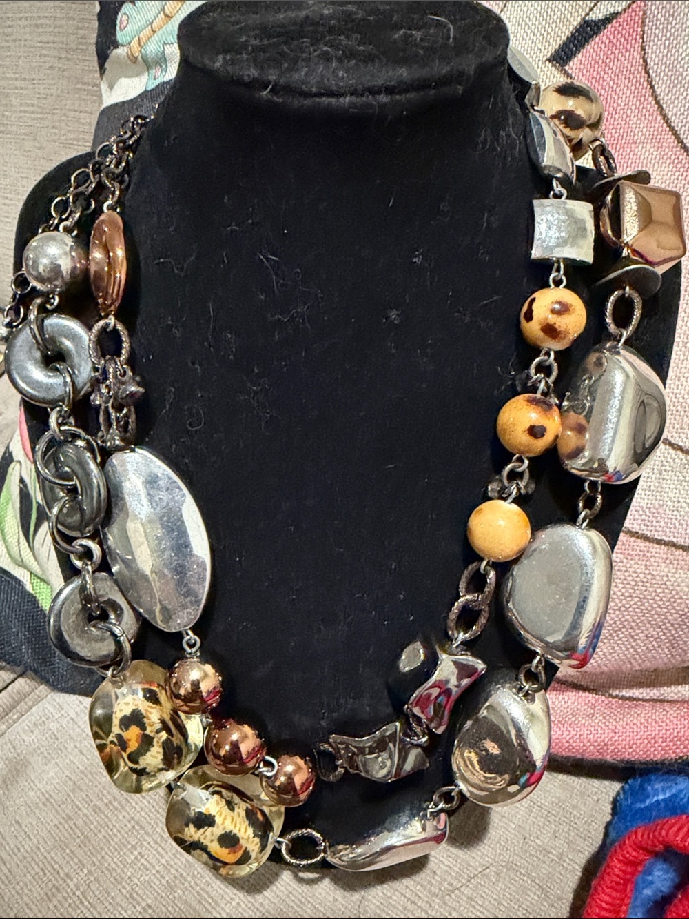 Mixed Metal and Wood Bead Statement Necklace - Silver & Brown